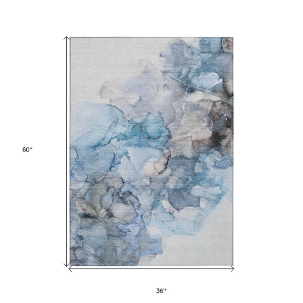 3' X 5' Blue and Gray Abstract Washable Non Skid Indoor Outdoor Area Rug