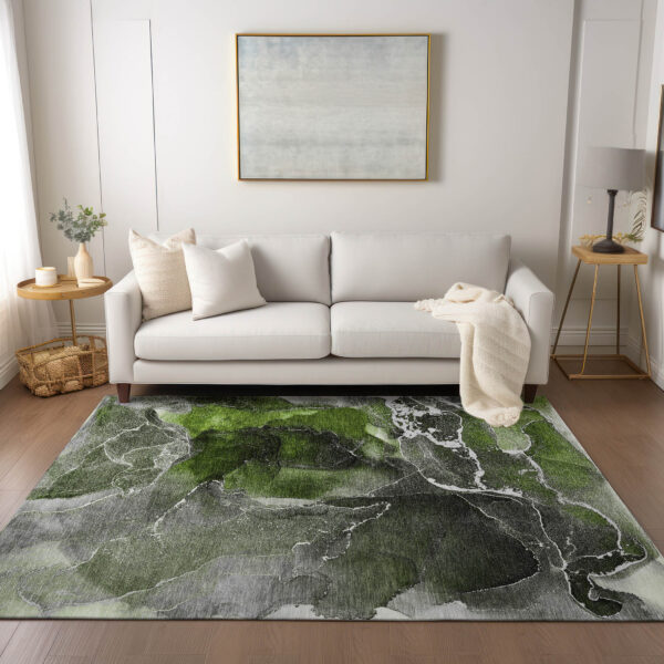 5' X 8' Green Abstract Washable Non Skid Indoor Outdoor Area Rug