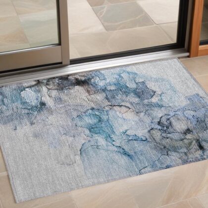 3' X 5' Blue and Gray Abstract Washable Non Skid Indoor Outdoor Area Rug