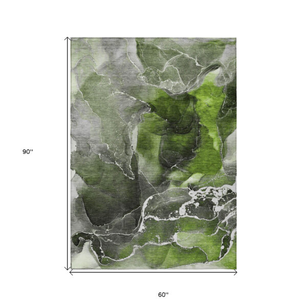 5' X 8' Green Abstract Washable Non Skid Indoor Outdoor Area Rug