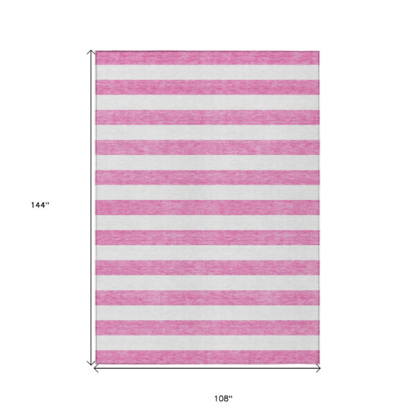 9' X 12' Pink and White Striped Washable Non Skid Indoor Outdoor Area Rug