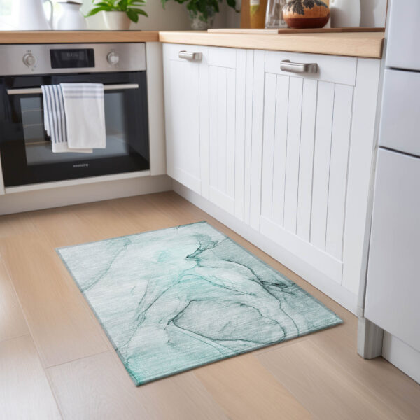 2' X 3' Teal Abstract Washable Non Skid Indoor Outdoor Area Rug