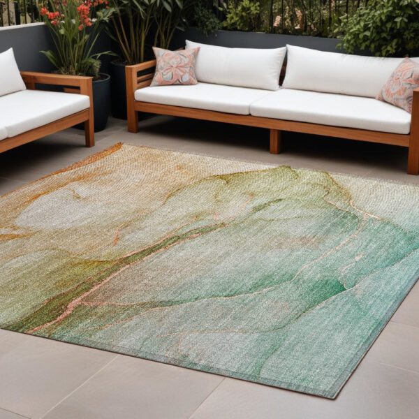 9' X 12' Teal Abstract Washable Non Skid Indoor Outdoor Area Rug