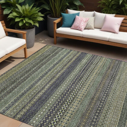 8' X 10' Sage Striped Washable Non Skid Indoor Outdoor Area Rug
