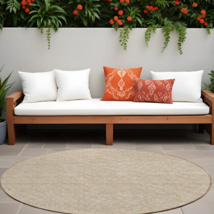 8' Round Tan Round Geometric Washable Non Skid Indoor Outdoor Area Rug