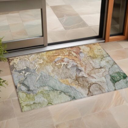 3' X 5' Gray and Gold Abstract Washable Non Skid Indoor Outdoor Area Rug