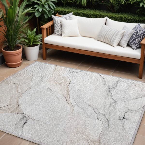10' X 14' Beige Ivory and Gray Abstract Washable Non Skid Indoor Outdoor Area Rug