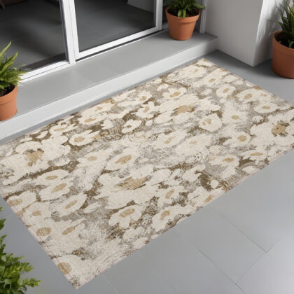 2' X 3' Khaki Floral Washable Non Skid Indoor Outdoor Area Rug