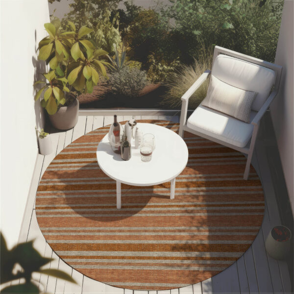 8' Round Beige and Orange Round Striped Washable Non Skid Indoor Outdoor Area Rug