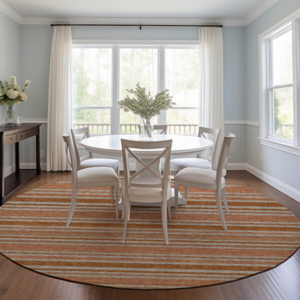 8' Round Beige and Orange Round Striped Washable Non Skid Indoor Outdoor Area Rug