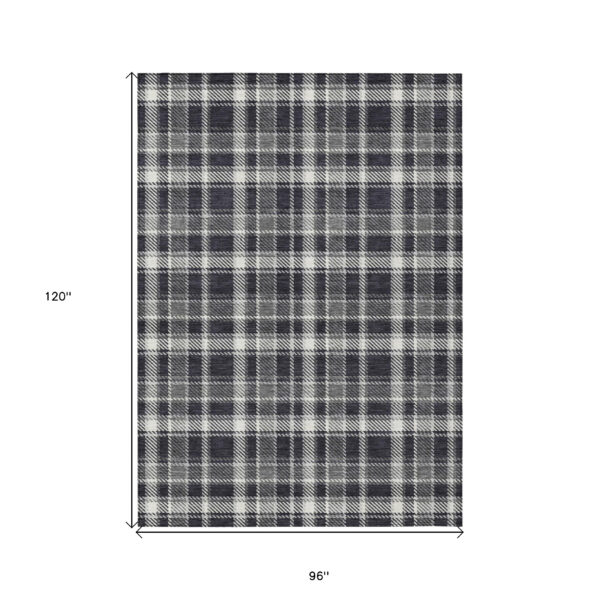8' X 10' Black Gray and White Plaid Washable Non Skid Indoor Outdoor Area Rug