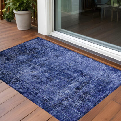 2' X 3' Navy Blue Abstract Washable Non Skid Indoor Outdoor Area Rug
