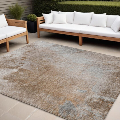 9' X 12' Brown and Off White Abstract Washable Non Skid Indoor Outdoor Area Rug
