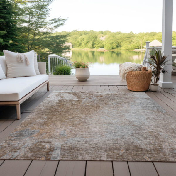 9' X 12' Brown and Off White Abstract Washable Non Skid Indoor Outdoor Area Rug