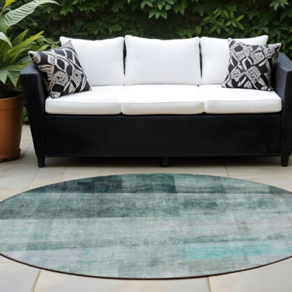 8' Round Teal Round Ombre Washable Non Skid Indoor Outdoor Area Rug