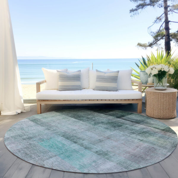 8' Round Teal Round Ombre Washable Non Skid Indoor Outdoor Area Rug