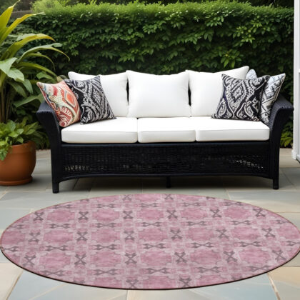 8' Round Pink Round Floral Medallion Washable Non Skid Indoor Outdoor Area Rug