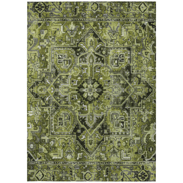 8' X 10' Olive Green and Dark Green Oriental Washable Non Skid Indoor Outdoor Area Rug
