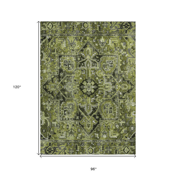 8' X 10' Olive Green and Dark Green Oriental Washable Non Skid Indoor Outdoor Area Rug
