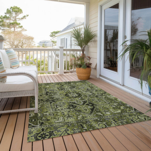 8' X 10' Olive Green and Dark Green Oriental Washable Non Skid Indoor Outdoor Area Rug