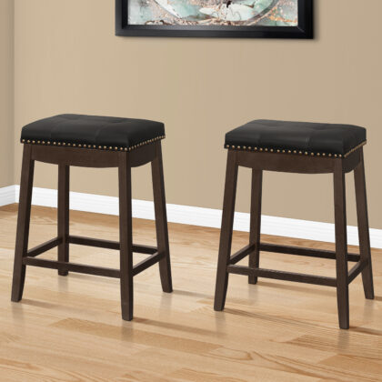 Set of Two 25" Black And Espresso Faux Leather And Solid Wood Backless Counter Height Bar Chairs