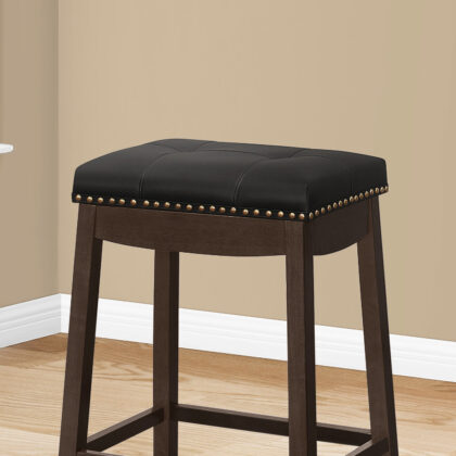 Set of Two 25" Black And Espresso Faux Leather And Solid Wood Backless Counter Height Bar Chairs