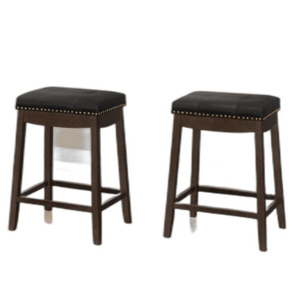 Set of Two 25" Black And Espresso Faux Leather And Solid Wood Backless Counter Height Bar Chairs