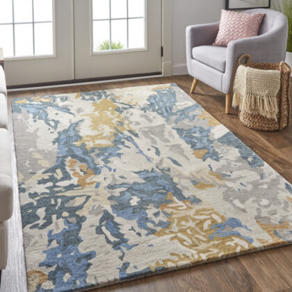 12' X 15' Gray Blue And Gold Wool Abstract Tufted Handmade Area Rug