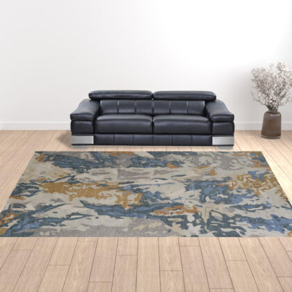 12' X 15' Gray Blue And Gold Wool Abstract Tufted Handmade Area Rug