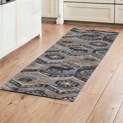 8' Seafoam Machine Woven Geometric Lodge Indoor Runner Rug