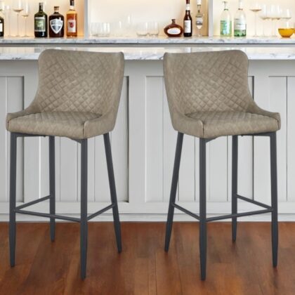 Set of Two 30" Gray and Black Faux Leather and Metal Low Back Bar Height Bar Chairs