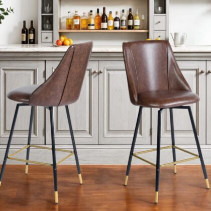 Set of Two 26" Brown and Black and Gold Faux Leather and Metal Counter Height Swivel Bar Chairs
