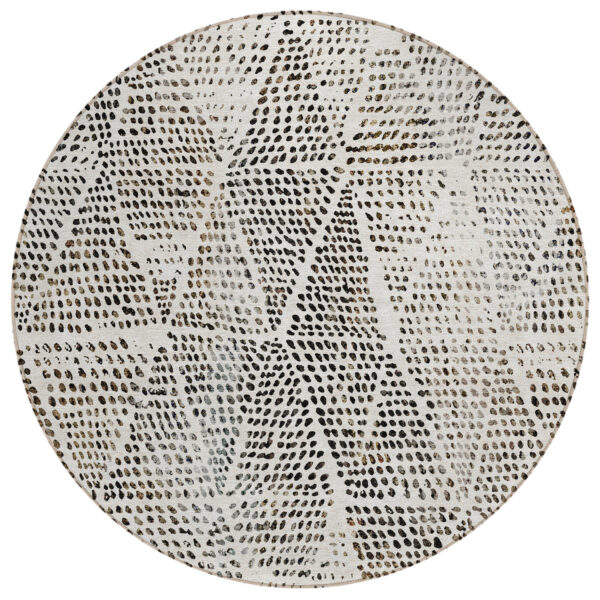 8' Ivory Charcoal And Beige Round Geometric Washable Indoor Outdoor Area Rug