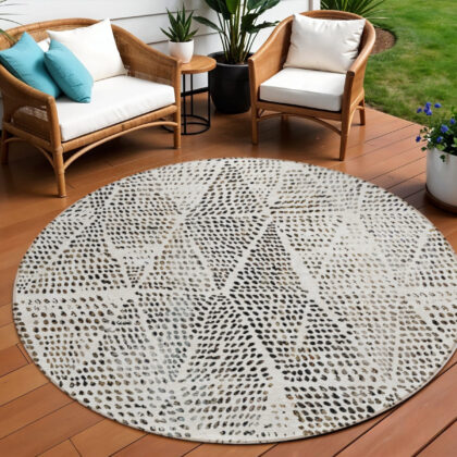 8' Ivory Charcoal And Beige Round Geometric Washable Indoor Outdoor Area Rug
