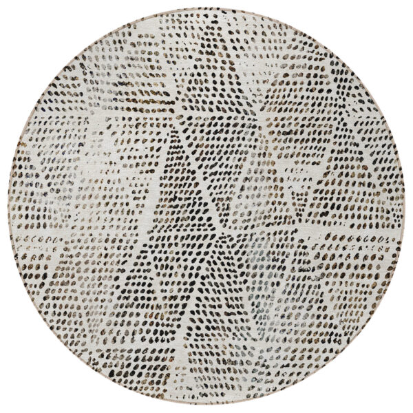 8' Ivory Charcoal And Beige Round Geometric Washable Indoor Outdoor Area Rug