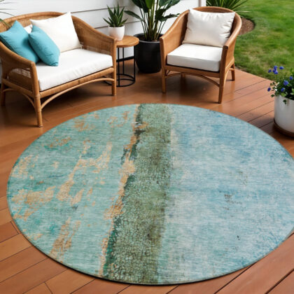 8' Blue And Gold Round Abstract Washable Indoor Outdoor Area Rug