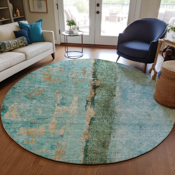 8' Blue And Gold Round Abstract Washable Indoor Outdoor Area Rug