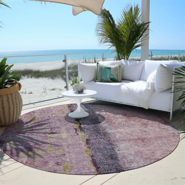 8' Blush Pink And Purple Round Abstract Washable Indoor Outdoor Area Rug