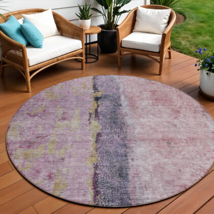 8' Blush Pink And Purple Round Abstract Washable Indoor Outdoor Area Rug