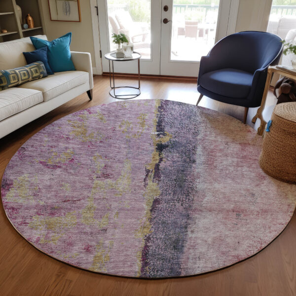 8' Blush Pink And Purple Round Abstract Washable Indoor Outdoor Area Rug