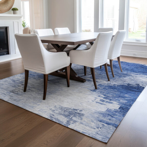 9' X 12' Denim Blue And Sky Blue Abstract Washable Indoor Outdoor Area Rug