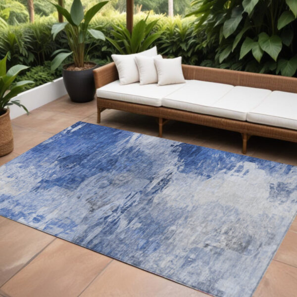 9' X 12' Denim Blue And Sky Blue Abstract Washable Indoor Outdoor Area Rug