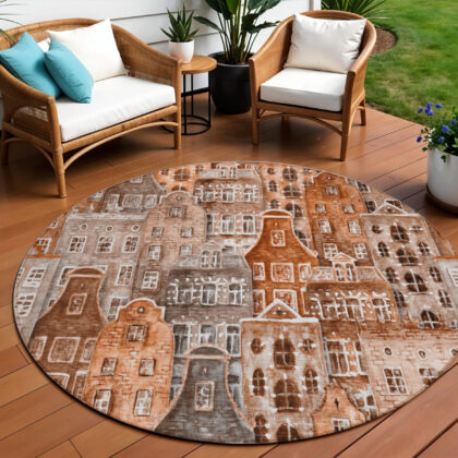 8' Orange Copper And Salmon Round Village Houses Washable Indoor Outdoor Area Rug