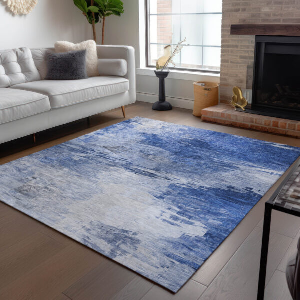 9' X 12' Denim Blue And Sky Blue Abstract Washable Indoor Outdoor Area Rug