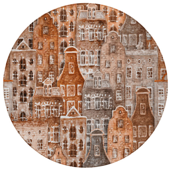 8' Orange Copper And Salmon Round Village Houses Washable Indoor Outdoor Area Rug