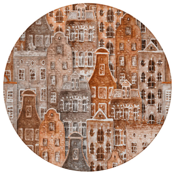 8' Orange Copper And Salmon Round Village Houses Washable Indoor Outdoor Area Rug
