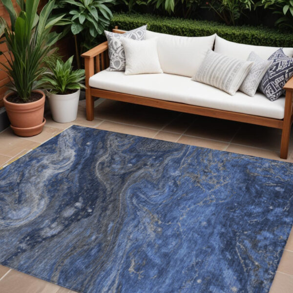9' X 12' Denim Blue And Sky Blue Abstract Washable Indoor Outdoor Area Rug