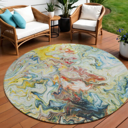 8' Ivory Blue And Yellow Round Abstract Washable Indoor Outdoor Area Rug