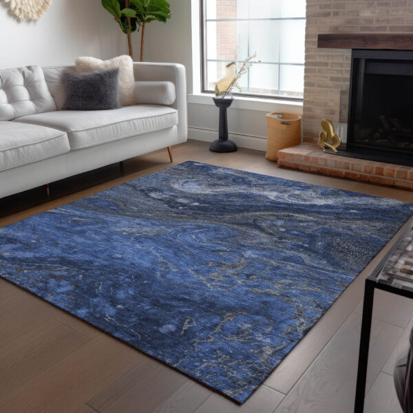 9' X 12' Denim Blue And Sky Blue Abstract Washable Indoor Outdoor Area Rug