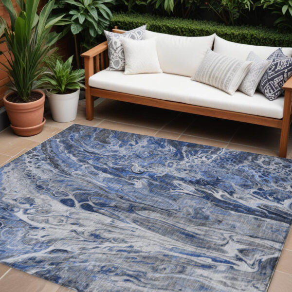 8' X 10' Denim Blue And Navy Blue Abstract Washable Indoor Outdoor Area Rug